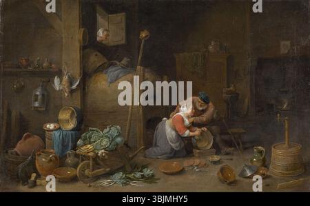 David Teniers das *Alter und Küchenmagd* (1672) ist ein Ölgemälde, das einen alten Mann und ein Küchenmädchen in einer Inneneinrichtung darstellt. Das Werk ist ein gutes Beispiel für Teniers’ Genremalereien des Alltags. Stockfoto