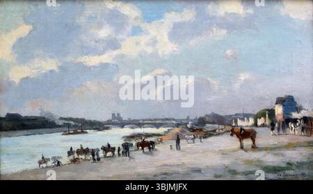 Albert Lebourgs *Les berges de la seine à Bercy, effet de soir* (die Ufer der seine in Bercy, Effekt der Nacht) aus dem Jahr 1889 zeigt die seine in der Nacht in Öl auf Leinwand. Das Stück fängt die ruhige und dennoch atmosphärische Qualität der Szene mit einem Fokus auf Licht und Schatten ein. Stockfoto