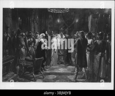 Edward Henry Corboulds Ölgemälde „die Ehe von Sir Nigel Bruce und Agnes of Buchan“ aus dem Jahr 1870 stellt eine historische Szene der Ehe zwischen den beiden schottischen Figuren dar. Die Arbeit veranschaulicht die feierliche Veranstaltung mit Blick auf zeitgemäße Details in der Kleidung beider Figuren und der Gesamtkomposition. Stockfoto