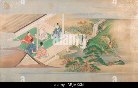 Karasumaru Mitsuhiros „Illustrated Tales of Ise“ (Ise monogatari emaki) ist der zweite Band eines Sets, das das berühmte japanische Werk illustriert und Geschichten über Liebe, Sehnsucht und höfisches Leben in der Heian-Zeit darstellt. Das Kunstwerk ist lebendig und voller komplizierter Details. Stockfoto