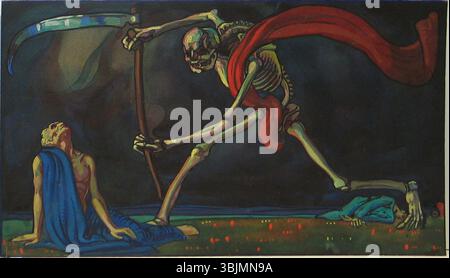 „Surma lõikus“ (die Ernte des Todes) von Nikolai Triik, gemalt zwischen 1911 und 1912, ist ein Tempera- und Aquarellwerk auf Papier. Das Gemälde zeigt eine düstere Szene, die das Thema Tod und seine Ernte symbolisch und eindrucksvoll darstellt. Stockfoto