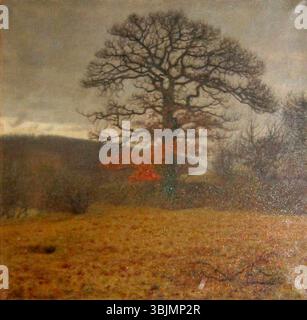 Charles Godtfredsens Landskab med stort egetræ (1914) ist ein Ölgemälde auf Leinwand, das eine weite Landschaft mit einer großen Eiche zeigt. Die Komposition betont die Stärke und Prominenz des Baumes in der natürlichen Umgebung und vermittelt ein Gefühl von Zeitlosigkeit und Verbundenheit mit der Natur. Stockfoto
