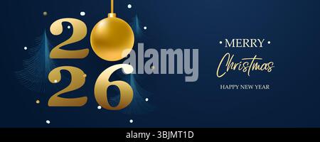 Frohe Weihnachten und Happy New Year Banner. Dunkles, horizontales Design mit goldenen Weihnachtsbaumkugeln, Schnee und Zahlen 2026. Vektoril Stock Vektor