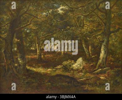 Narcisse Virgilio Díaz (1807–1876) malte zwischen 1844 und 1851 den Wald von Fontainebleau. Das Ölgemälde auf Leinwand zeigt eine dichte Waldlandschaft mit Bäumen und Unterholz in der Region Fontainebleau. Stockfoto
