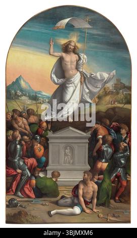 Benvenuto Tisis „Auferstehung Christi“ (1520) veranschaulicht die Auferstehung Christi aus dem Grab. Dieses in Öl gemalte Werk ist ein Beispiel für religiöse Kunstwerke aus der frühen Renaissance. Stockfoto