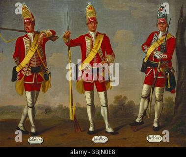 David Moriers Ölgemälde zeigt die Grenadiere des 37., 38. Und 39. Regiments of Foot um 1751. Es zeigt Soldaten in detaillierten Insignien, gemalt zwischen 1751 und 1760, heute in der königlichen Sammlung. Stockfoto