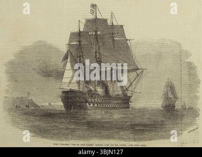 Dieser Holzstich von Frederick James Smyth aus dem Jahr 1855 zeigt das Kriegsschiff der HMS „St Jean d'Acre“, das Cork auf die Krim verlässt. Es ist eine Illustration aus den Illustrated London News, die einen bedeutenden Moment während des Krimkrieges zeigt. Stockfoto