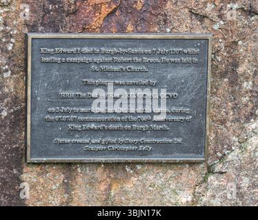 King Edward 1st Memorial Statue Plaque in Burgh by Sands, Cumbria, England Stockfoto