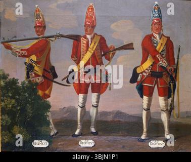 David Moriers Ölgemälde zeigt die Grenadiere des 34., 35. Und 36. Regiments of Foot um 1751. Es fängt die Militärfiguren in ihren vollständigen Insignien ein, die zwischen etwa 1751 und etwa 1760 gemalt wurden. Das Kunstwerk ist Teil der Royal Collection. Stockfoto