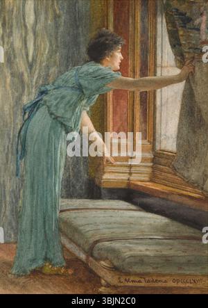 Erwartung von Lawrence Alma-Tadema (1836–1912) ist ein Aquarellbild aus dem Jahr 1868. Das Kunstwerk zeigt eine klassische Szene mit einer erwartungsvoll wartenden Frau, die Alma-Tademas Fokus auf emotionale Tiefe und komplizierte Details in seinen klassischen Darstellungen zeigt. Stockfoto