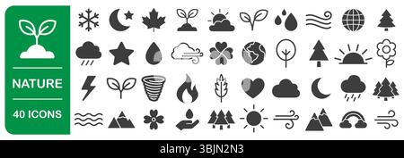 Symbolsatz Natur. Frische Umgebung, Wettervorhersage-Symbole Kollektion. Sonne, Berg, Baum, Ökologie, Pflanze, Cloud, Feuer. Vektorabbildung. I Stock Vektor