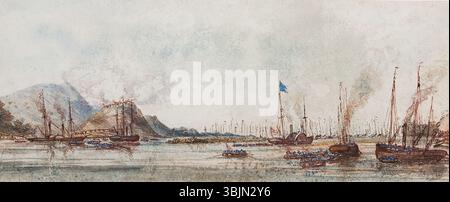 Dieses Tusche- und Aquarellgemälde von 1857 von John Corbett zeigt den Angriff auf den Fatshan Creek (Fatushur) während der Opiumkriege. Die Szene zeigt die HMS Coromandel unter der Leitung von Admiral Seymour und Commander Keppel, die mit Kanonenbooten kämpfen. Das Gemälde fängt den dramatischen Konflikt zwischen den britischen Truppen und dem lokalen Widerstand in China ein. Stockfoto