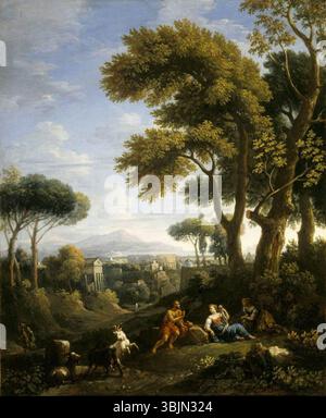 Van Bloemen, Jan Frans; A Classical Landscape with a Traveller and Two Women im Gespräch und Three Goats Gambolling; National Trust, Attingham Park; http://www.artuk.org/artworks/a-classical-landscape-with-a-traveller-and-two-women-conversing-and-three-goats-gambolling-131143 Stockfoto
