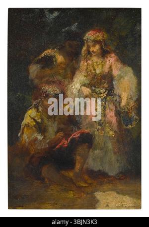 Groupe de Bohémiennes en Forêt von Narcisse Virgilio Díaz (1807–1876) ist ein Ölgemälde an Bord, das eine Gruppe von Zigeunern im Wald darstellt. Das Gemälde spiegelt das Interesse von Díaz wider, ethnische Gruppen und ländliches Leben einzufangen. Stockfoto