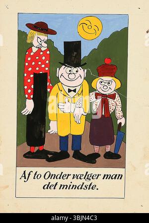 AF to Onder vælger man det mindste von Robert Storm Petersen (1882–1949) ist ein weiterer Satz von 12 Illustrationen mit Sprichwörtern. Das Werk ist in indischer Tinte und Gouache ausgeführt, die über Lebensentscheidungen reflektiert. Stockfoto