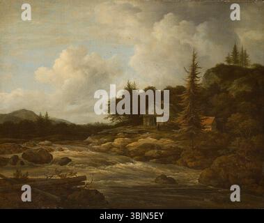 Jacob van Ruisdaels „Berglandschaft mit Wasserfall“ (1670er Jahre) ist ein beeindruckendes Öl auf Leinwand, das eine dramatische Berglandschaft mit einem kaskadierenden Wasserfall zeigt. Das Gemälde unterstreicht Ruisdaels Beherrschung des Landschaftsrealismus und der natürlichen Schönheit. Stockfoto