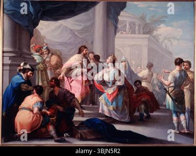 „La Emperatriz Marta ante Alfonso X“ (1766) von Ramón Bayeu zeigt Kaiserin Marta vor König Alfonso X., ein Gemälde, das den ersten Preis beim Wettbewerb Real Academia de Bellas Artes de San Fernando gewann. Stockfoto