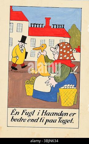 EN Fugl i Haanden er bedre end ti på taget ist eine Serie von 12 Zeichnungen von Robert Storm Petersen (1882–1949), die ein bekanntes dänisches Sprichwort illustrieren. Die Zeichnungen werden mit indischer Tinte und Gouache auf Papier erstellt, mit späterer Färbung. Das Kunstwerk unterstreicht Petersens Fähigkeit, die Weisheit des Volkes in visueller Form auszudrücken. Stockfoto