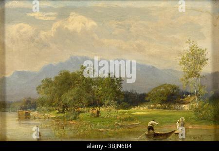 Seenlandschaft von Gustav Graef (vor 1895) ist ein Ölgemälde, das eine ruhige Seenlandschaft darstellt. Das Werk zeigt ruhige Gewässer, Bäume und Berge in der Ferne und zeigt Graefs Expertise bei der Aufnahme natürlicher Szenen mit realistischen Details. Stockfoto