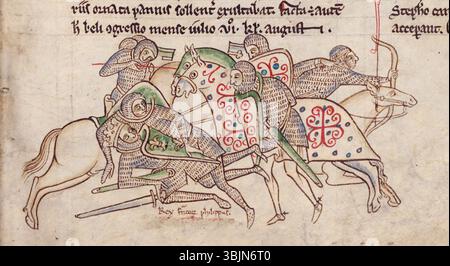 Diese Randkunst aus dem 13. Jahrhundert, geschaffen von Matthew Paris, zeigt Philipp II. Von Frankreich, der während der Schlacht von Bouvines (1214) enthornt wurde. Die Zeichnung ist Teil der erleuchteten Handschrift *Chronica Majora II* und zeigt die Krone und den Namen des Königs. Stockfoto