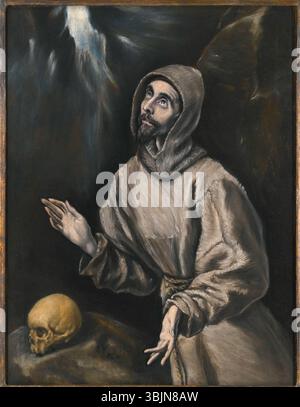 „St. Franziskus in Ekstase“ von El Greco (um 1614–1699) zeigt den Heiligen Franziskus von Assisi in einem Zustand spiritueller Ekstase, der die Stigmata empfängt. Dieses Ölgemälde ist ein Paradebeispiel für El Grecos expressionistischen Stil mit übertriebenen Proportionen und lebhaften Farben. Stockfoto