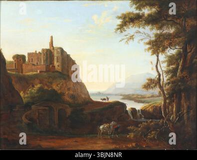 Dieses Ölgemälde von Hendrik-Frans de Cort aus dem Jahr 1799 zeigt eine malerische Landschaft mit Blick auf Cary Castle und zeigt sein Können, natürliche Elemente und Architektur in der Komposition einzufangen. Stockfoto