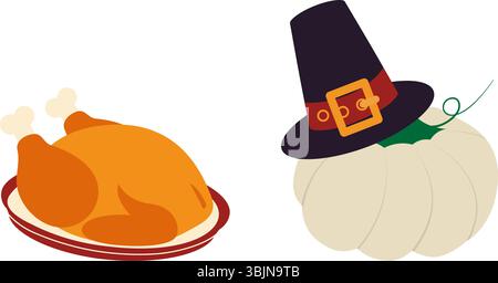 Freihand gebratener Truthahn auf Teller und Pilgerhut auf weißem Kürbis isoliertes Thanksgiving-Design-Element. Isolierte Vektor-Illustration Grußthemen Karten, Partyeinladungen oder Faltblätter, Banner, Preis, Etikett Stock Vektor