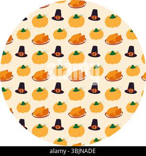 Handgezeichneter gebratener Truthahn auf Teller nahtloses Muster mit orangefarbenem Kürbis und Pilgerhut im Kreis-Hintergrund. Isolierte Vektor-Illustration Herbst Themenkarte Hintergrund Einladung oder Banner, Faltblatt, Etikett, Preisschild Stock Vektor