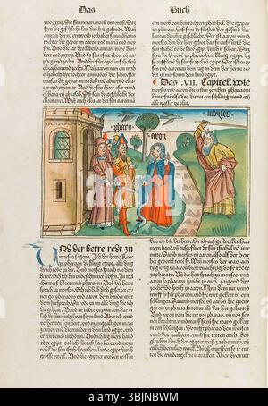 Die Biblia Germanica (1483), gedruckt von Anton Koberger, ist ein bedeutendes frühes Beispiel deutscher Religionsliteratur. Die gedruckte und beleuchtete Bibel wurde während eines Schlüssels in der Geschichte des Buchdrucks produziert. Stockfoto