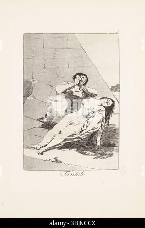 „Tantalus“ (Tantalo), Platte 9 aus Francisco Goyas „Los Caprichos“, wurde 1799 geschaffen. Diese Gravur zeigt die mythische griechische Figur Tantalus und erforscht Themen unerfüllter Wünsche und Bestrafung, mit kompliziertem Glanz und Aquatiné. Stockfoto