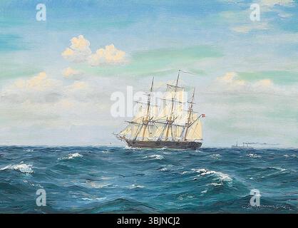 Christian Benjamin Olsens Gemälde von 1891–1935 zeigt sowohl ein Segelschiff als auch ein Dampfschiff und veranschaulicht den Kontrast zwischen traditionellen und modernen maritimen Technologien. Stockfoto