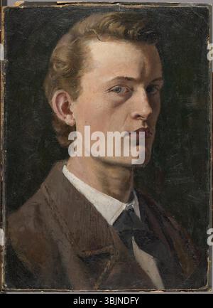 Selbstporträt von Edvard Munch (1863–1944), gemalt 1882, ist ein Öl-auf-Papier-Werk, das einen jungen Munch in kontemplativer Pose einfängt. Das Porträt spiegelt Munchs introspektive Natur und die Erforschung der Selbstidentität wider. Stockfoto