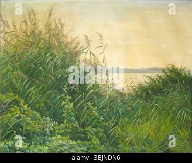 Emmy Thornams „Rushes at the Edge of a Lake“ zeigt eine ruhige Seeszene mit hohen Büschen, die am Ufer des Wassers wachsen. Die Ölgemälde auf Leinwand fängt die ruhige Schönheit der Natur und die ruhige Atmosphäre der Umgebung am See ein. Stockfoto