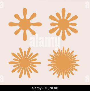 Kühne abstrakte Sonnenformen im Retro-Stil, mystische Formen wie flüssige Strahlen. Moderne Sterne für Banner-, Karten- und Logodesigns. Stock Vektor