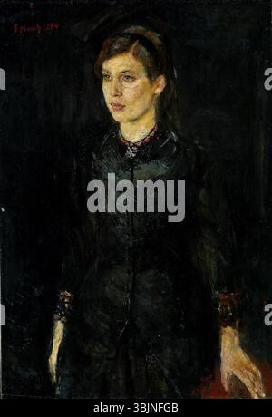 *Inger in Black* (1884) von Edvard Munch zeigt ein Porträt von Inger Munch, der Schwester des Künstlers, in Schwarz gekleidet. Das Ölgemälde spiegelt Munchs charakteristischen Stil der psychologischen Tiefe und emotionalen Intensität wider. Stockfoto