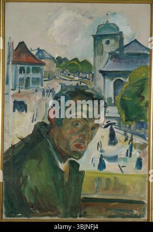 Edvard Munch (1863–1944) schuf 1916 *Self-Portrait in Bergen*. Dieses Öl-auf-Leinwand-Werk fängt Munchs introspektive Erforschung seines eigenen Bildes ein und spiegelt seinen komplexen emotionalen und psychologischen Zustand in einer entscheidenden Zeit seines Lebens wider. Stockfoto