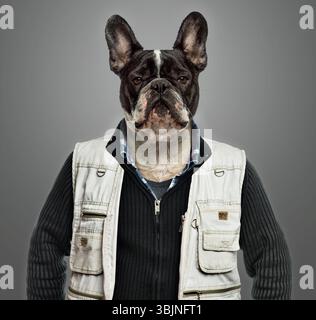 Französischer Bulldogge mit Fotografenweste und Blick in die Kamera Stockfoto