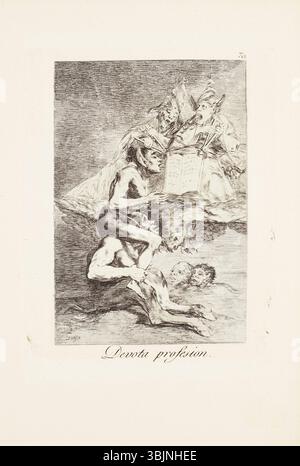 Die Platte 70 aus Francisco Goyas Los Caprichos mit dem Titel „Devota Professionion“ ist eine Gravur auf Büttenpapier mit geschliffenem Aquatint, Trockenspitze und Gravur. Der 1799 in Madrid veröffentlichte Druck zeigt zarte Details, darunter gravige Berührungen am Oberschenkel einer Figur. Stockfoto