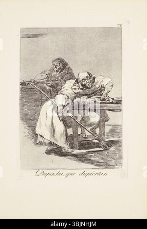 Platte 78 aus Francisco Goyas Los Caprichos mit dem Titel „Be Quick, They Are Waking Up (Despacha que dispiertan)“ ist eine Ätzung auf Büttenpapier mit brüniertem Aquatint, Trockenspitze und Gravur. Der 1799 in Madrid veröffentlichte Druck zeichnet sich durch helle Highlights aus. Stockfoto
