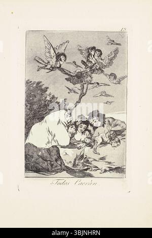 „All will Fall“ (Todos Caeràn), Platte 19 aus Francisco Goyas „Los Caprichos“, ist eine Ätzung, die eine apokalyptische Vision von Zusammenbruch und Ruin darstellt. Die Arbeit verwendet Aquatinze und Trockenpunkt, um ein Gefühl der unvermeidlichen Zerstörung und Verzweiflung zu vermitteln. Stockfoto