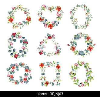 Set aus Blumenrahmen oder Blattrand zur Dekoration. Vektorlaub und Naturhintergrund in runder und herzförmiger Form, Kreisanordnung. Zweigblütendekor für Hochzeitseinladungen. Kranzblüte. Botanik Stock Vektor
