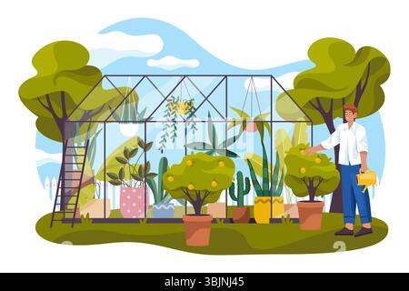 Gewächshaus und Töpfe mit Pflanzen. Vektor-Glas-Orangerie im Freien. Gewächshaus und Landwirt. Gewächshaus für den ökologischen Anbau. Gewächshaus für Nahrungsmittelernte oder landwirtschaftliche Plantagen. Gartenbau, Gartenbau Stock Vektor