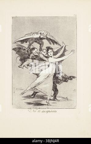„You will Not Escape“ (No te escaparás), Platte 72 aus Goyas „Los Caprichos“-Serie (1799), zeigt eine eindringliche Ätzung mit brüniertem Aquatint, Trockenspitze und Gravur. Der Druck zeigt die Unentweichlichkeit des Schicksals, meisterhaft gedruckt in einem sehr guten Eindruck, mit klaren Highlights. Veröffentlicht von Goya in Madrid, bleibt es ein markantes Beispiel für seine kritischen sozialen Kommentare. Stockfoto