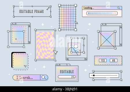 Vektor-Retro-Rahmen oder Vintage-Computer-Fensterelemente. Schaltfläche und Textfeld, bearbeitbare Suche und Volumen, Fortschrittsleiste. Alte Symbolgruppe des Betriebssystems für die Benutzeroberfläche. Vaporwave Digital UI und UX Stock Vektor