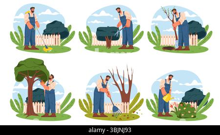 Gärtner am Arbeitsplatz. Vektor-Gartenarbeiter schneiden oder schneiden Büsche, Pflanzen von Bäumen und Mähen von Gras, Kehren von Blättern und Gießen von Blumenbeeten. Garten- und Landwirtschaftsdienst, Naturschutz Stock Vektor