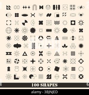 Set aus Retro-Form oder isoliertem Vektorsymbol. 100 minimale Symbole für Collage. Atom und Bogen, Kreis und Dreieck, Wirbel und Netz. Kollektion mit geometrischer Silhouette. Primitive Form und Grunddekoration Stock Vektor