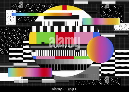 Kein Signalbanner oder Retro-tv-Hintergrund mit Pixelstörungen. Vintage-Getriebetest. Broadcast-Hintergrund mit Streifen. Elektronisches Videokommunikationsrauschen. Medien und analoge Technologie. Verzerrung Stock Vektor
