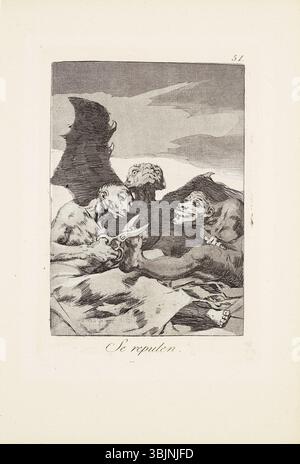 „They Fruce yourself Up“ (SE repulen) von Francisco Goya, Platte 51 aus „Los Caprichos“ (1799), ist eine Gravur mit geschliffenem Aquatint, Trockenspitze und Gravur auf Büttenpapier. Dieses Werk demonstriert Goyas Beherrschung satirischer und sozialer Kommentare und präsentiert ein Bild, das gesellschaftliche Eitelkeit und Vorwand kritisiert. Stockfoto