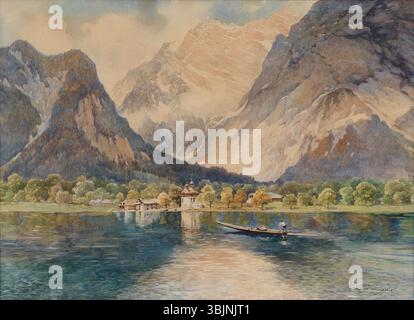 Karl Schnorpfeil's * St. Bartholomä am Königssee* aus dem Jahr 1928, in Aquarell auf Papier gemalt, zeigt die Wallfahrtskirche St. Bartholomä mit dem Watzmann-Berg. Das Stück misst 48,5 x 67 cm. Stockfoto
