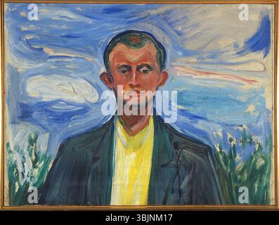 „Self-Portrait Against a Blue Sky“ (1908) von Edvard Munch zeigt den introspektiven Ausdruck des Künstlers vor einem leuchtend blauen Hintergrund. Das Öl auf Leinwand fängt Munchs charakteristische emotionale Tiefe und Introspektion ein. Stockfoto